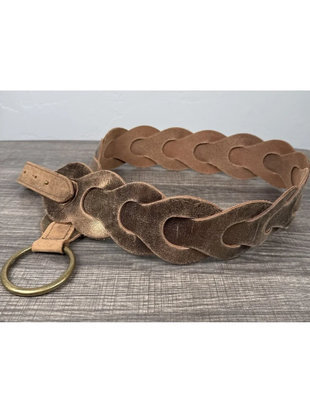 Old Navy Women’s Genuine Leather Braided Belt L/XL Brown Bronze O Ring Y2K 2006